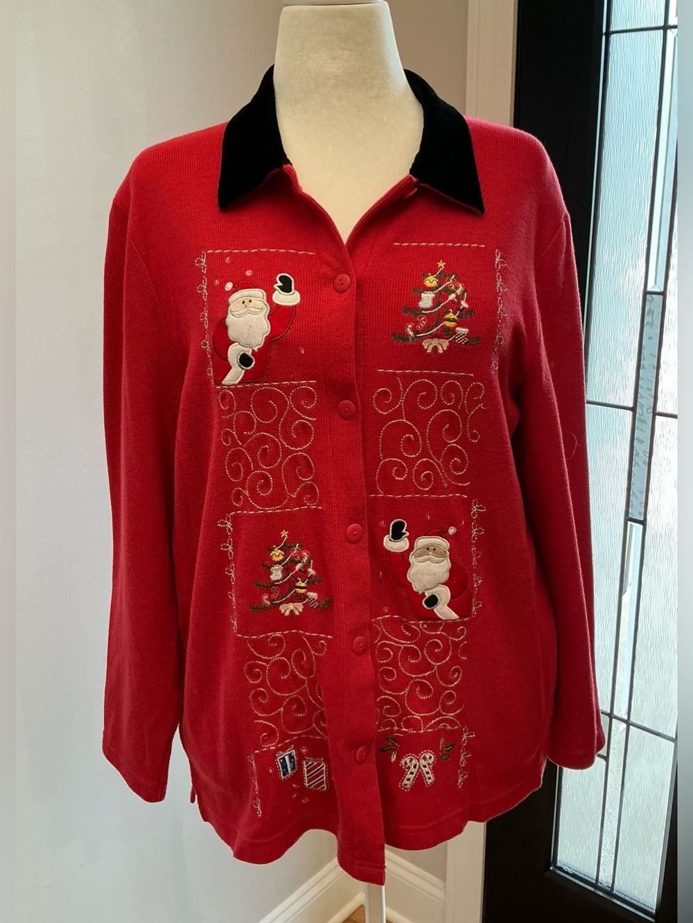 Designers Originals Red Embroidered Holiday Button-Up Cardigan with Black Collar